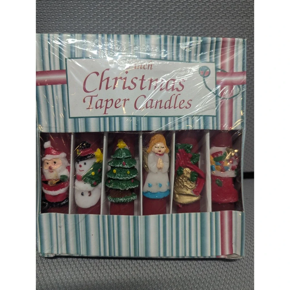 Vintage Christmas Taper Candles Set of 6 Red Wax Santa Snowman Tree Angel 6 inch